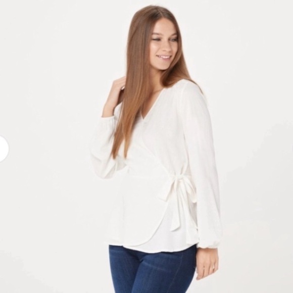 QVC Haute Hippie Tribe Boho Off-white Faux-Wrap Bishop Sleeve Blouse Side Tie - Picture 1 of 16
